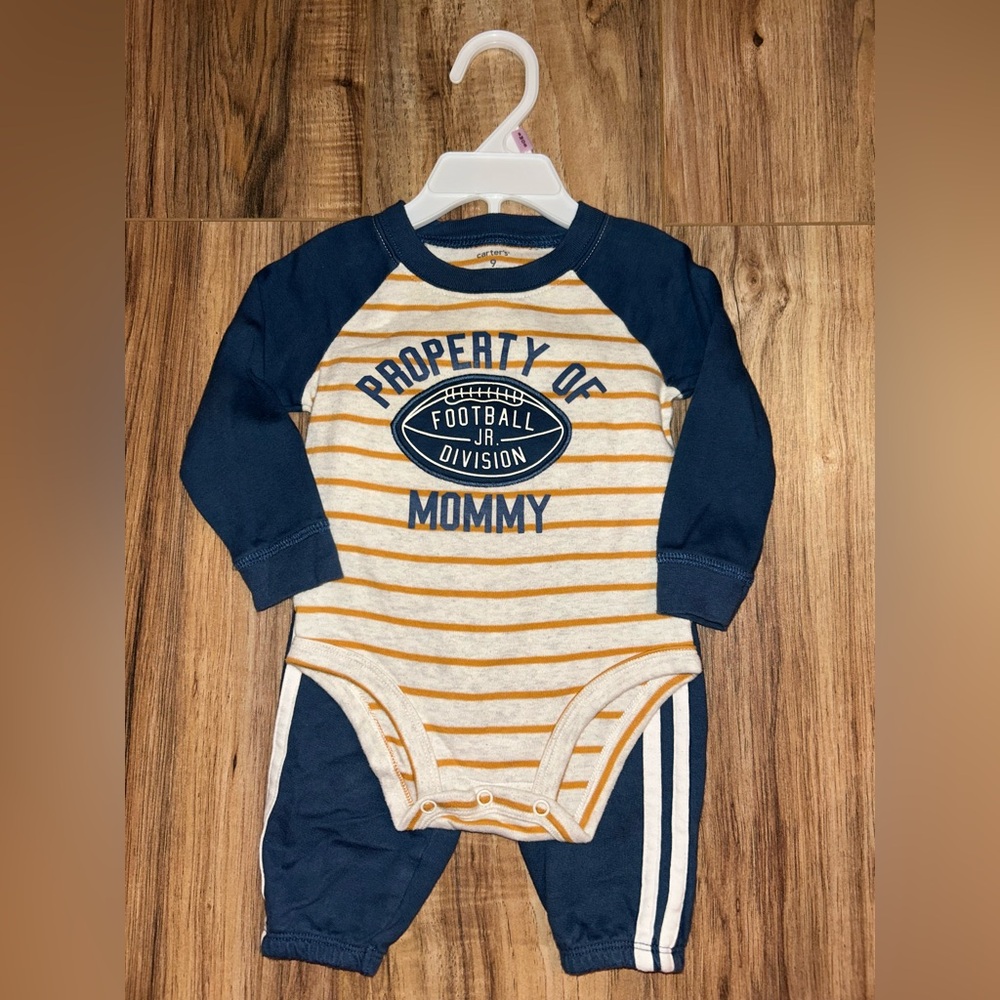 Carter’s Striped Navy & Gold 'Property of Mommy' Football One-Piece + Pants set
